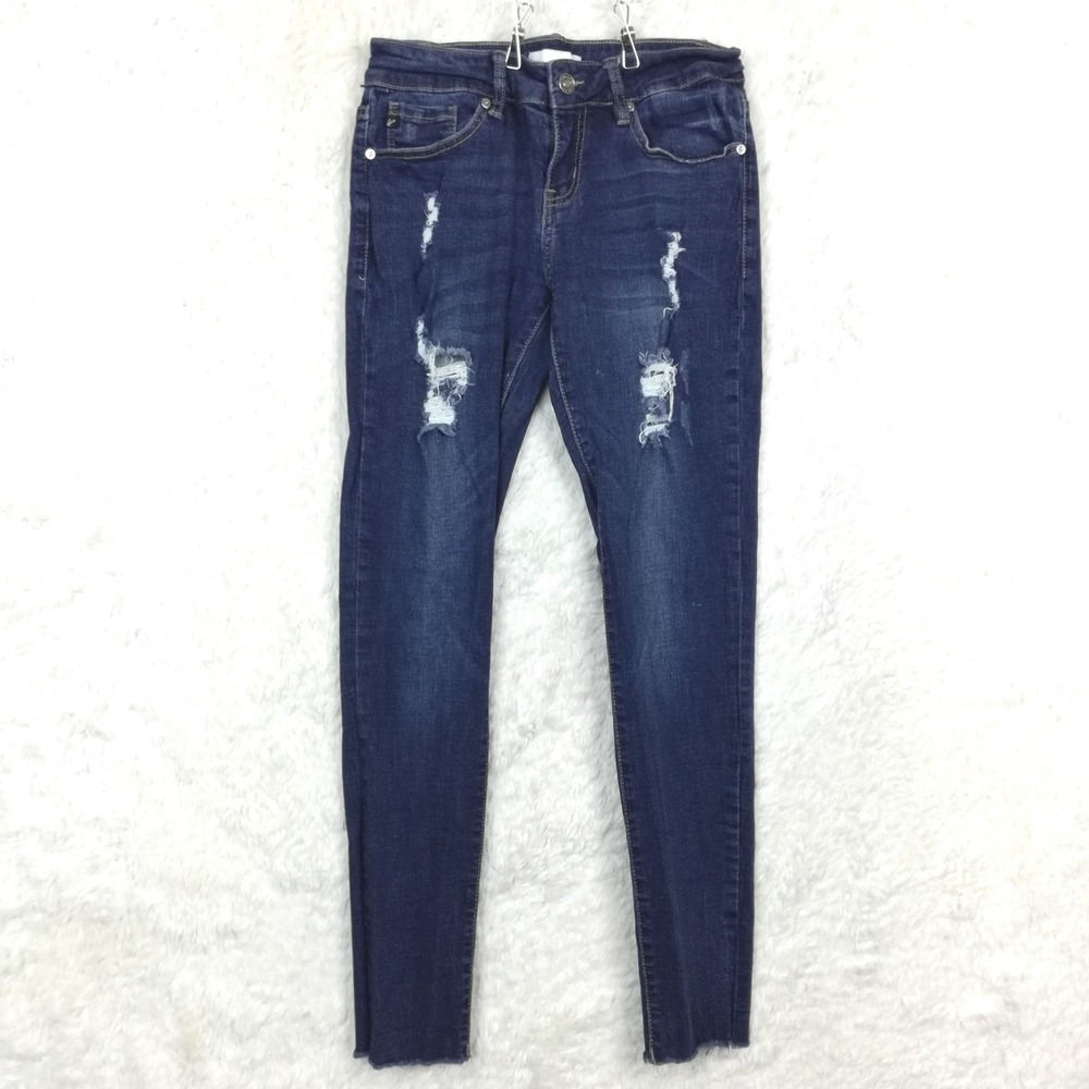 Kancan Womens Jeans‎ Low Rise Ankle Skinny Blue Denim Distressed Dark Wash 7